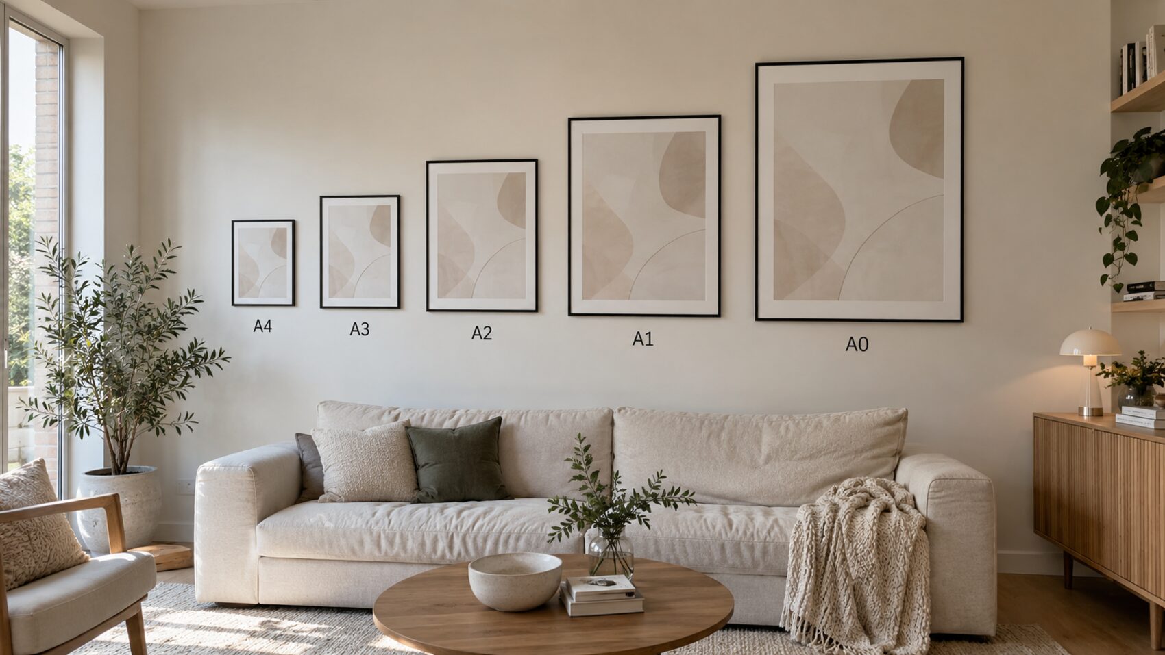 Alle Formate maßstabsgetreu über einem Sofa