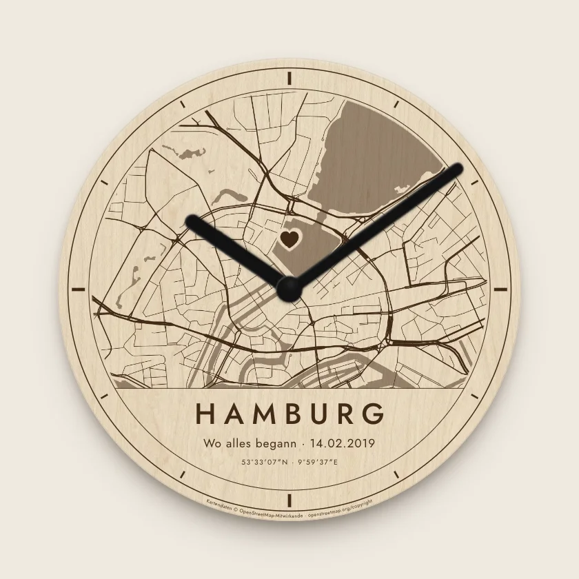 Stadtkarten-Uhr Hamburg in Natur, Zeile „Wo alles begann“