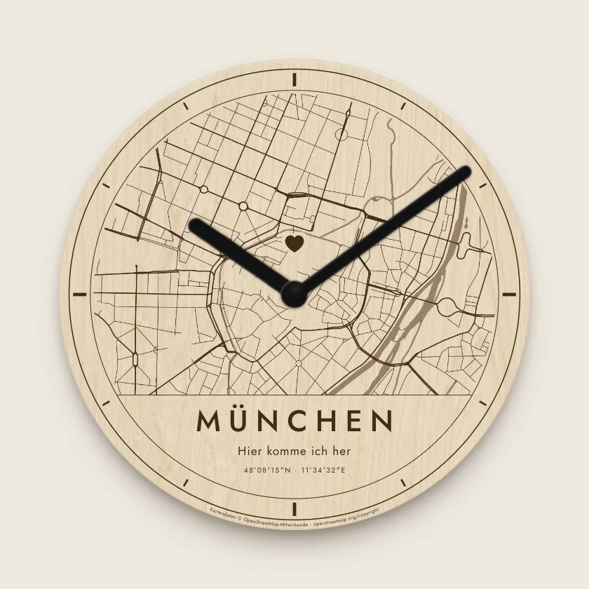 Stadtkarten-Uhr München in Natur, Zeile „Hier komme ich her“