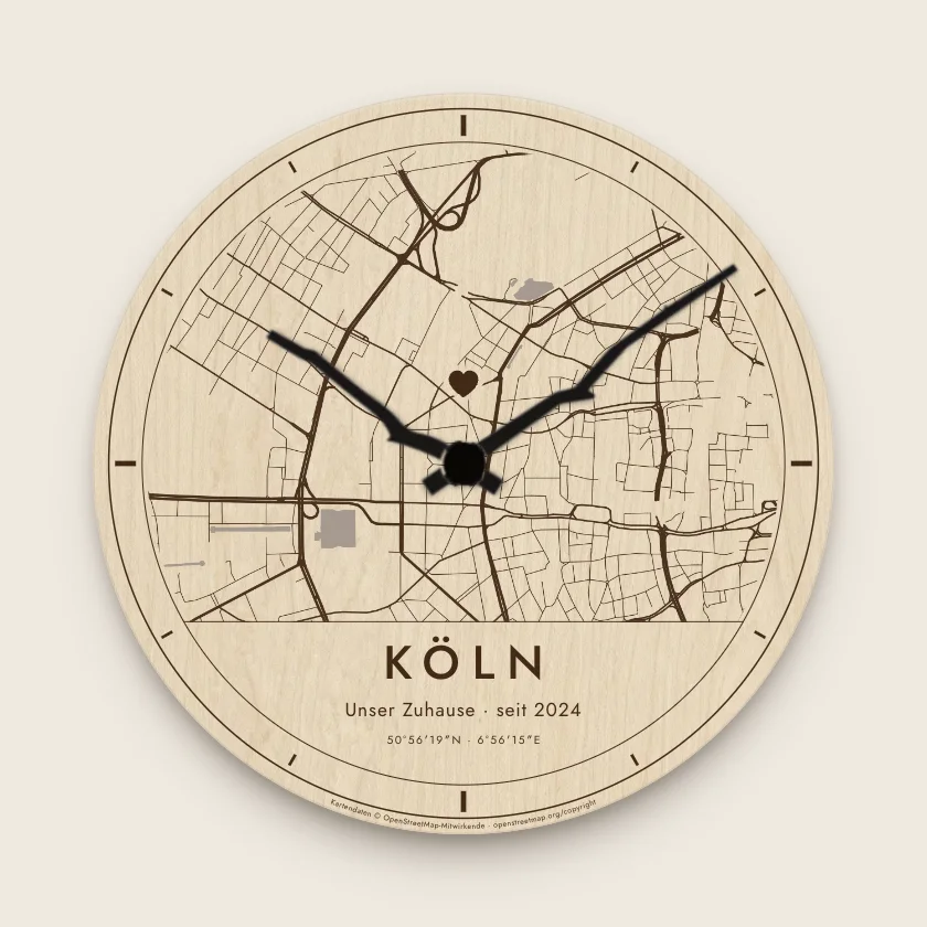 Stadtkarten-Uhr Köln in Natur, Zeile „Unser Zuhause“