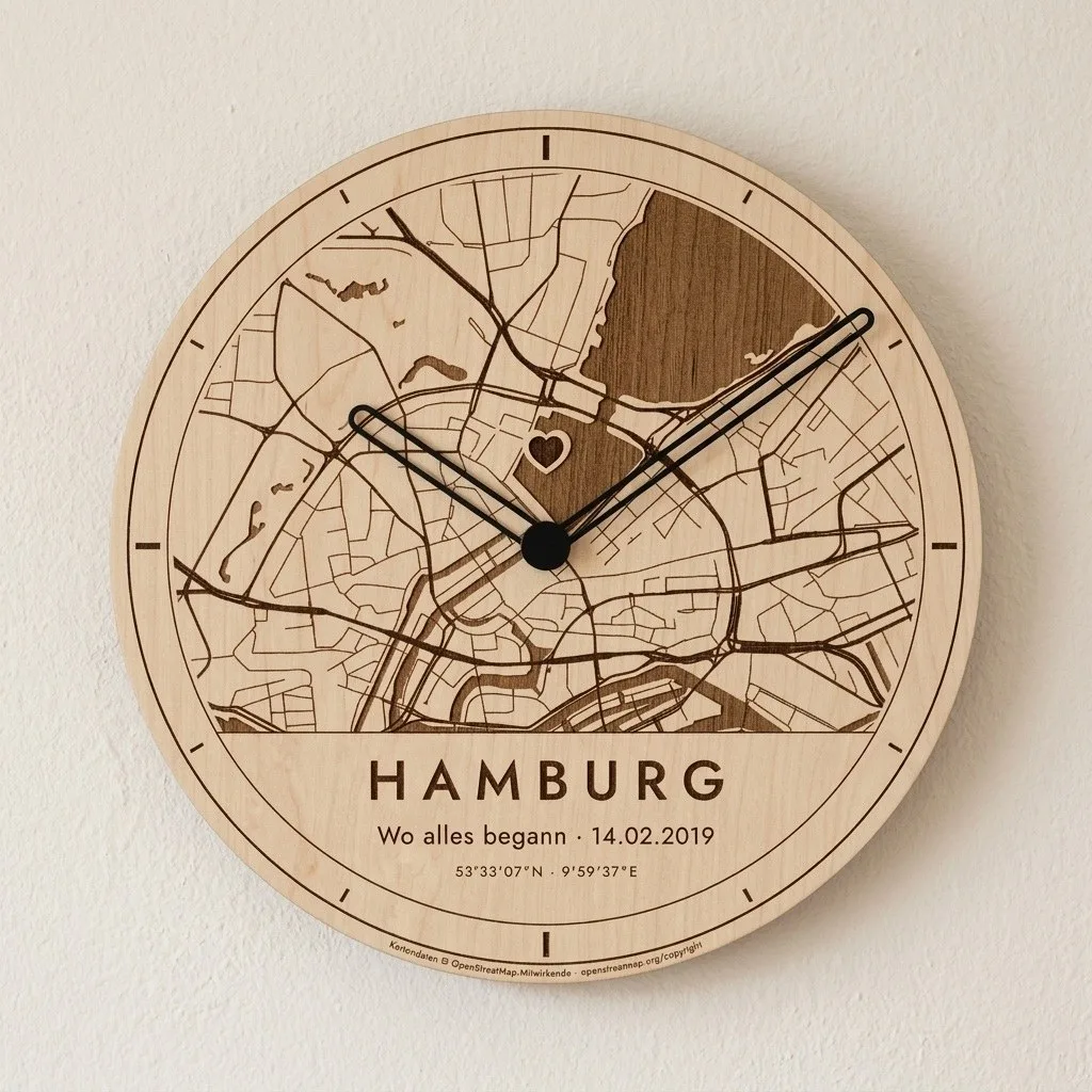 Stadtkarten-Uhr aus Holz, naturbelassen hell, mit schwarzen Zeigern, frontal