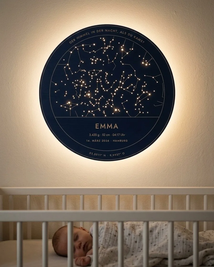 Sternenhimmel-Wandlicht leuchtet im Kinderzimmer über der Kommode