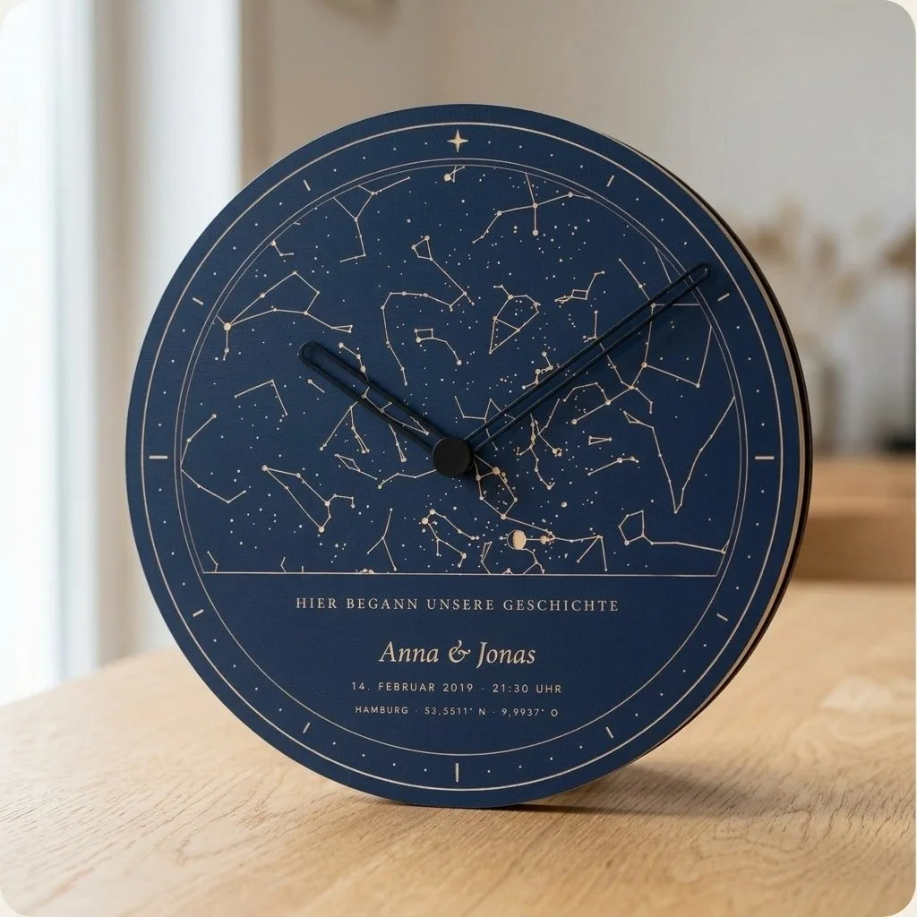 Fertige Sternenkarten-Uhr aus Holz, Blick auf die Kante