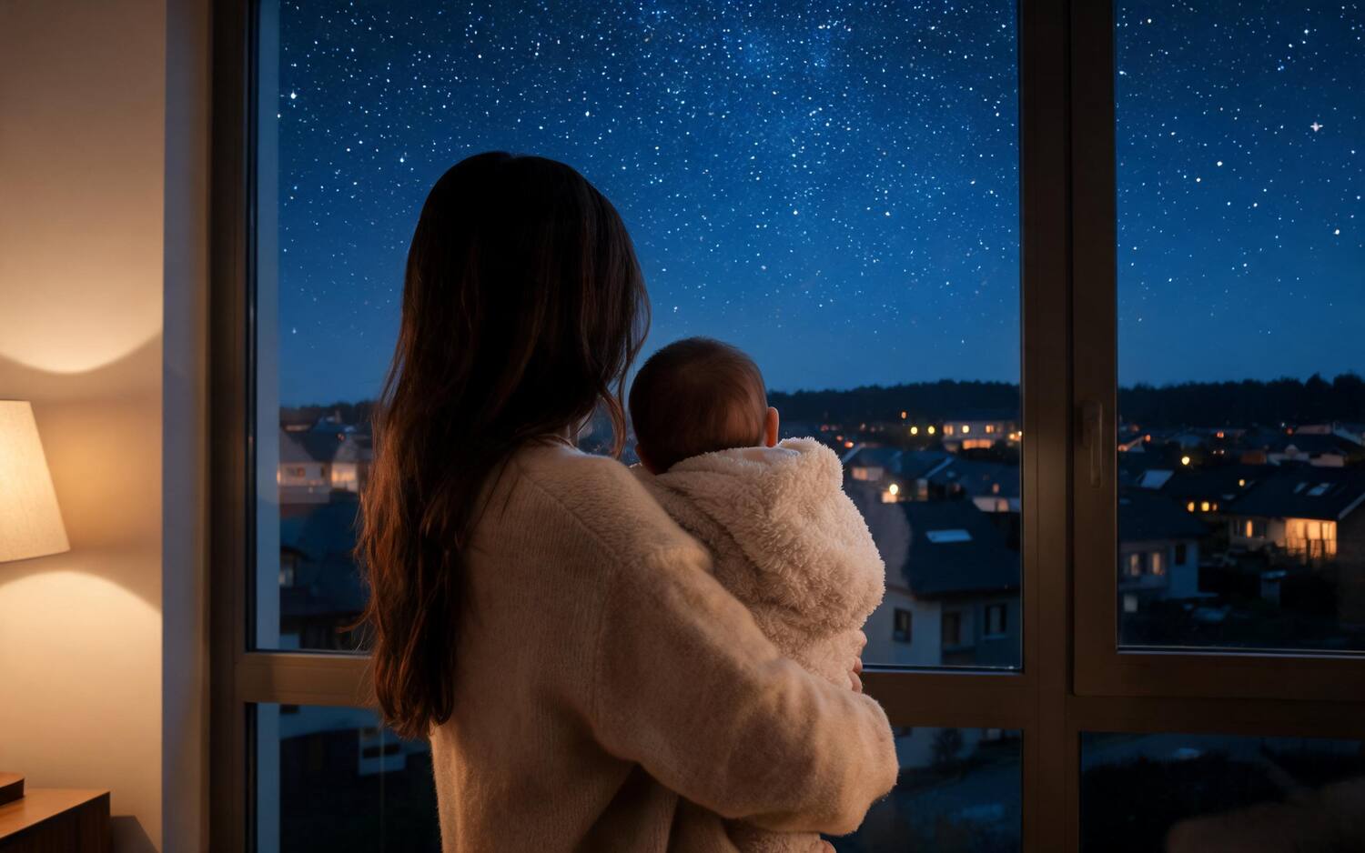 Mutter hält ihr Baby am Fenster und schaut in den Sternenhimmel